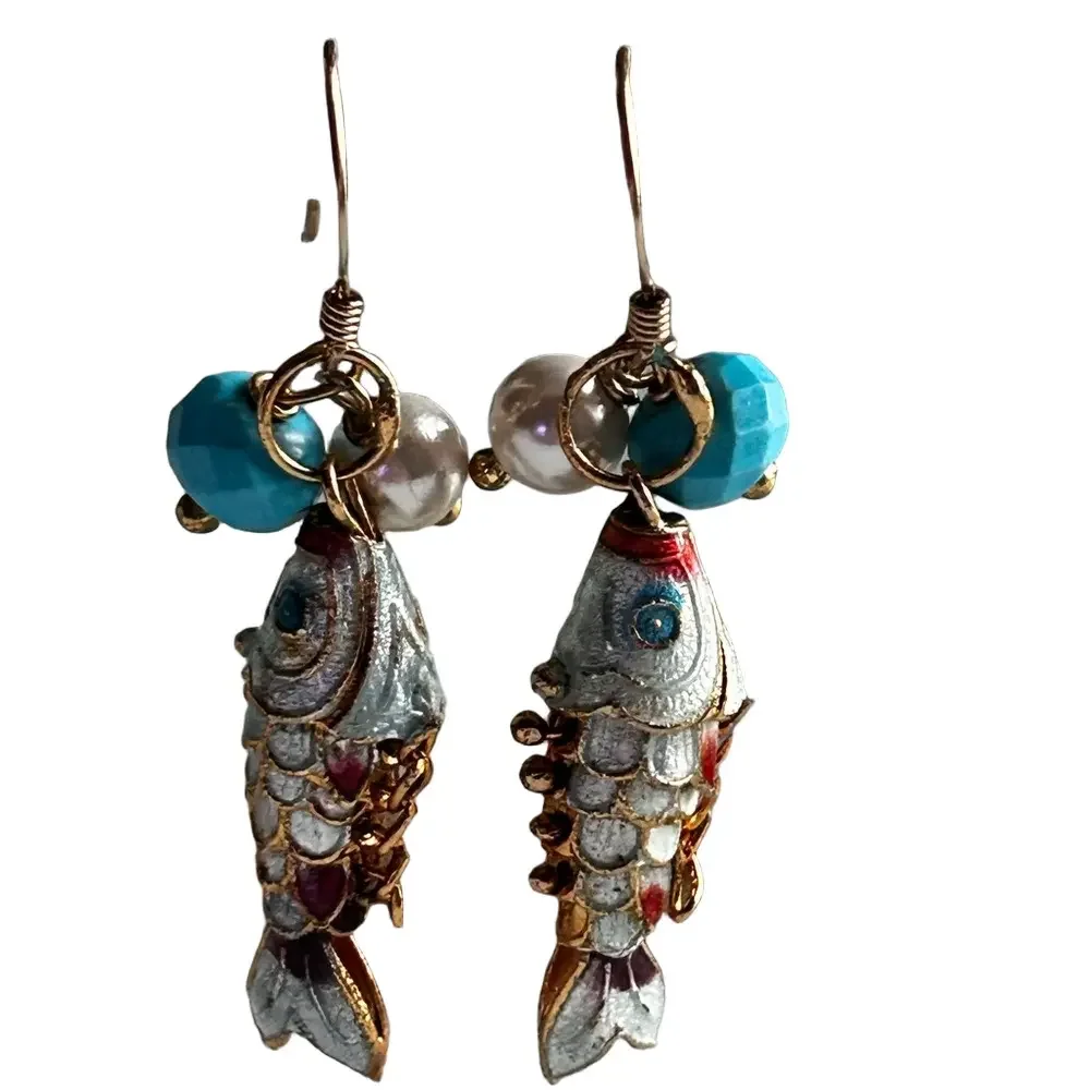 Articulating 14K Gold Koi Fish Enamel Good Luck Dangle Earrings Blue White
